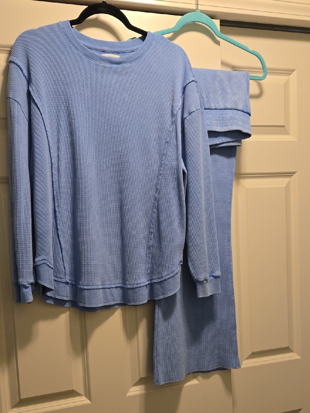 Light Blue Waffle Loungewear Set  Cozy Long Sleeve Top & Matching Wide Leg Pants